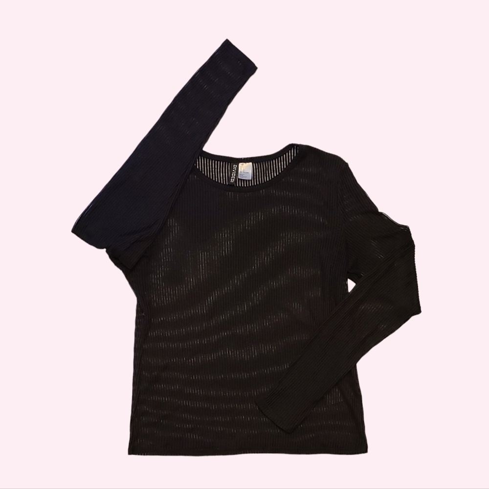 Divided Sheer Vertical Striped Black Long Sleeve Top